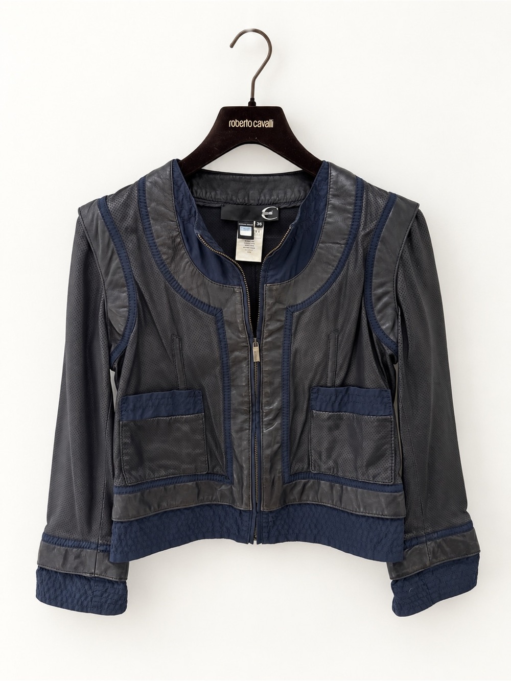 Cavalli Charcoal Leather & Navy Trim Zip Jacket – IT 38, Size 2